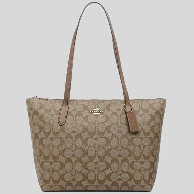 COACH Zip Top Tote In Signature Canvas Khaki Saddle 4455