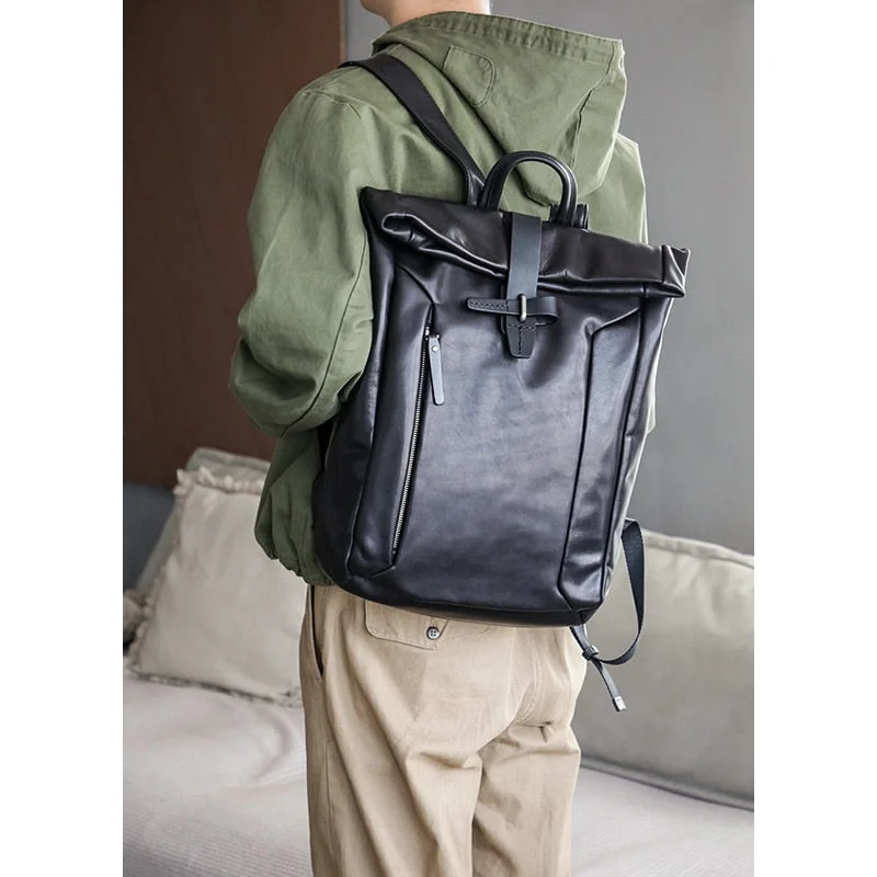 Men's Casual Genuine Leather Cowhide Large Capacity Laptop Backpack