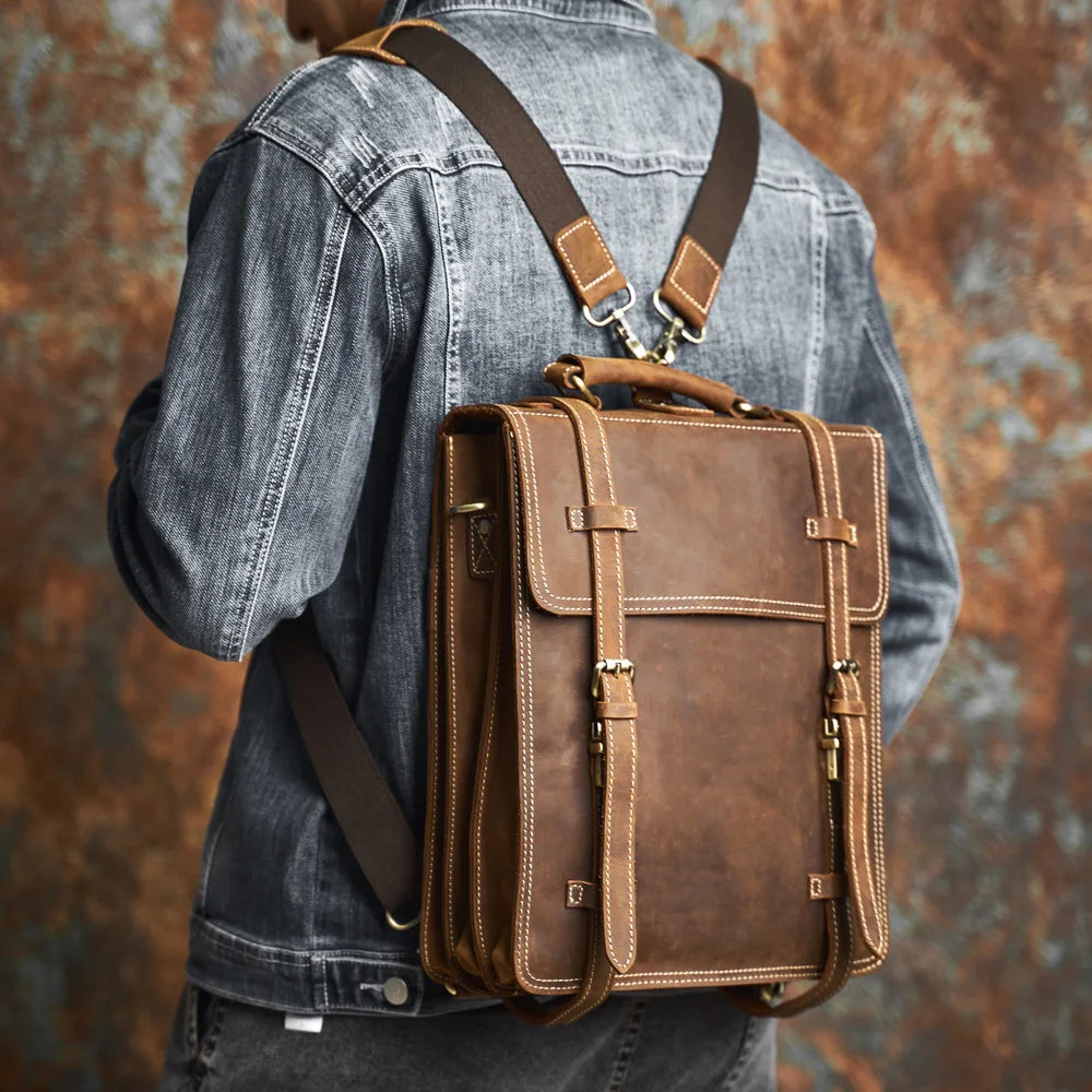 Men's Genuine Leather Vintage Style Laptop Pouch Crossbody Backpack