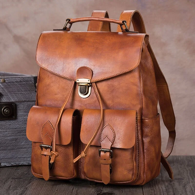 Men's Handmade First Layer Cowhide Leather Large Capacity Laptop Backpack