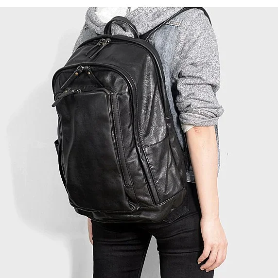 Men's Simple Fashion Cowhide Genuine Leather Backpack Laptop Bag