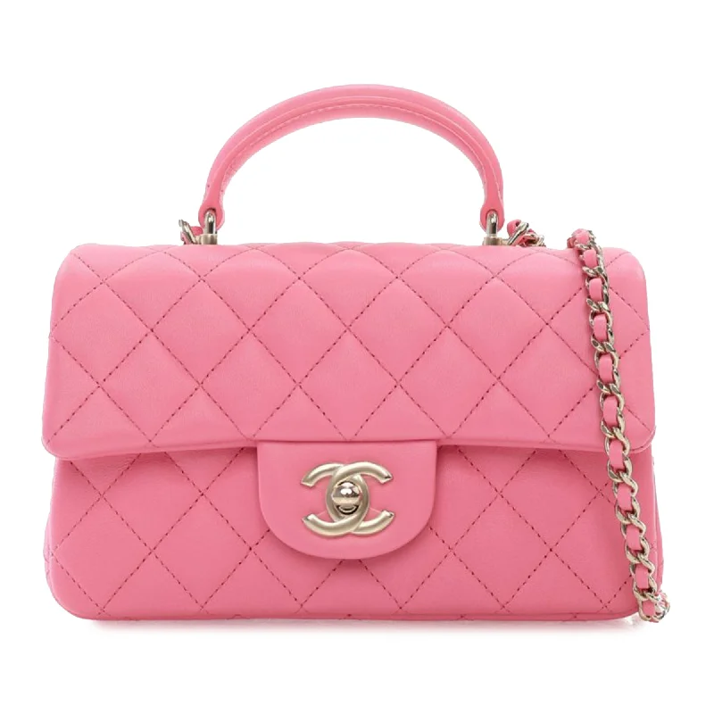 Pink Chanel Mini Rectangular Lambskin Top Handle Single Flap Satchel