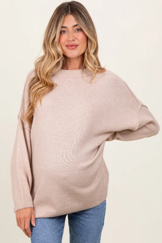 Beige Oversized Crewneck Melange Knit Maternity Sweater