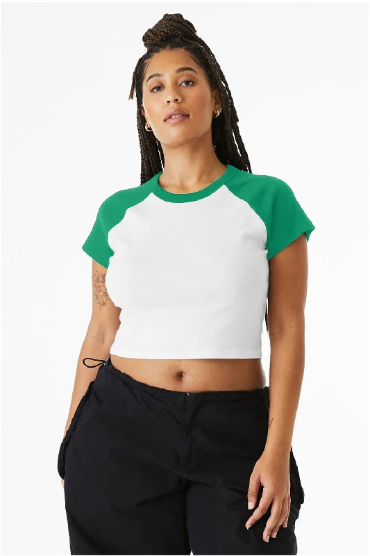 Bella + Canvas Womens Micro Ribbed Raglan Short Sleeve Crewneck Baby T-Shirt - White/Kelly Green