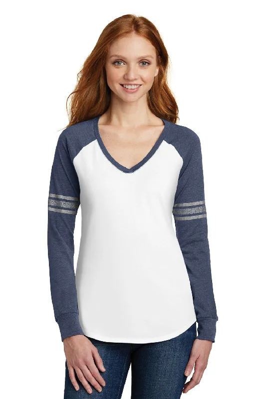 District Womens Game Long Sleeve V-Neck T-Shirt - White/Heather Navy Blue/Silver Grey - Closeout