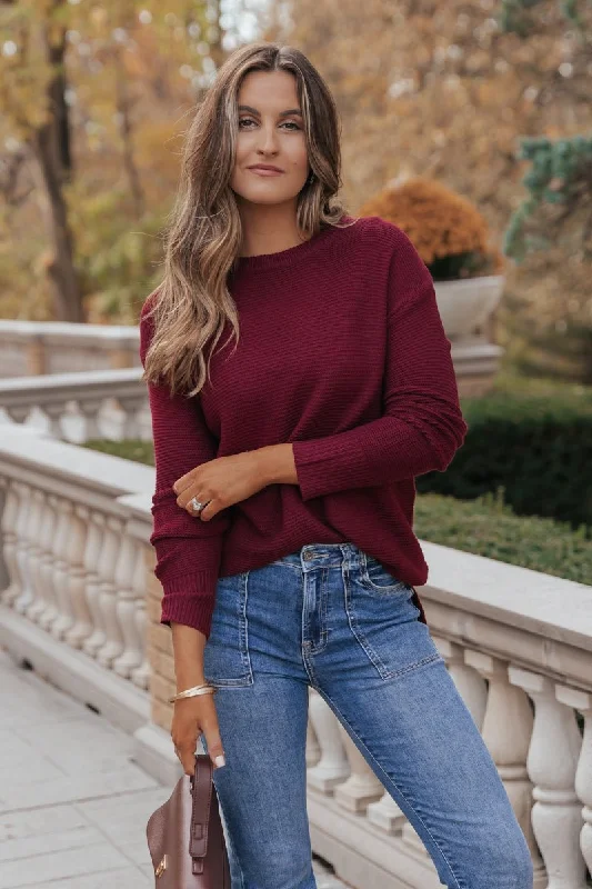 The Mini Waffle Texture Ribbed Knit Sweater - Wine